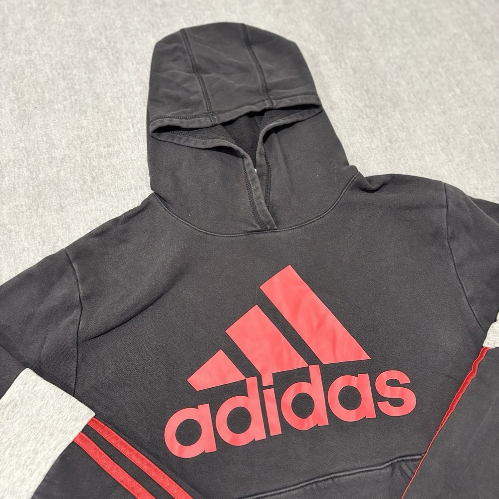 Adidas Youth XL 18/20 Hoodie Black Red Gray Logo Fleece Pullover Sweatshirt